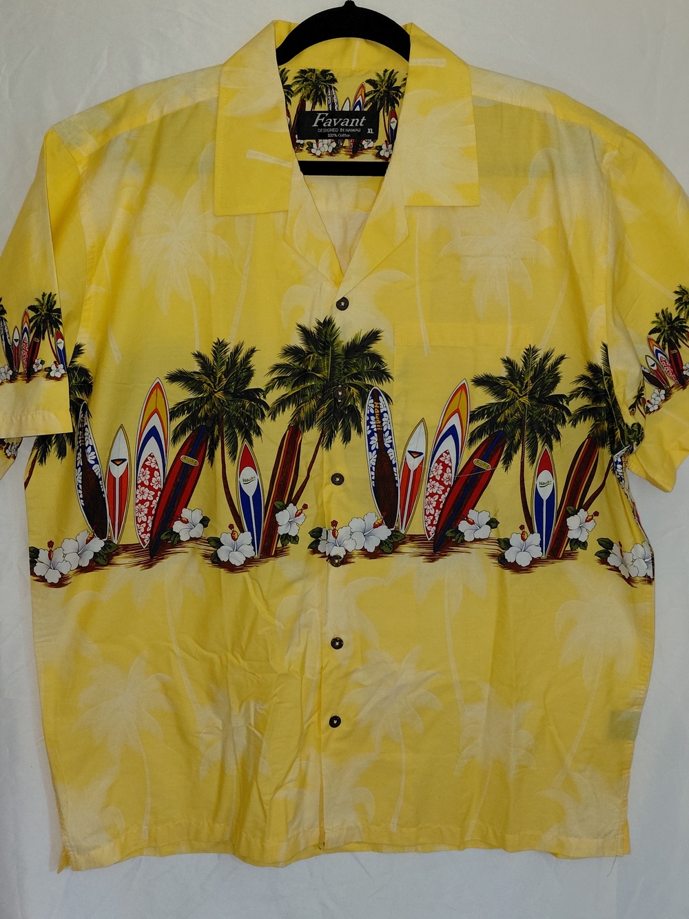 Favant Men's Yellow Hawaiian Surf Print Button-Down Shirt #2215